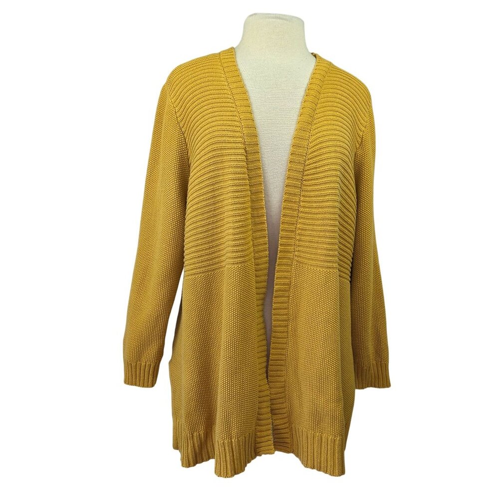 Marled Waffle Knit Open Front Cardigan Mustard Yellow Size 1X - Picture 3 of 12